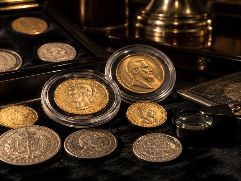 Coleção de moedas antigas em ouro e prata para avaliação